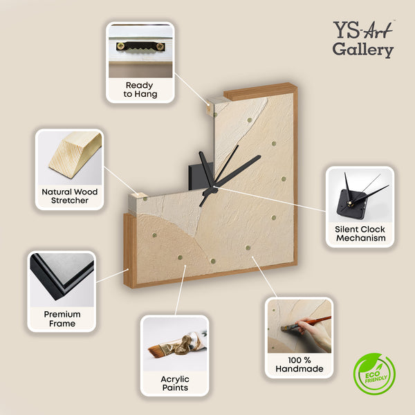 Ausgefallene Wanduhr lautlos – Handgemalte Abstraktion Beige/Natur, 35×35 cm