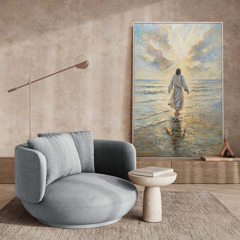 Handgemalte religiöses Bild „Weg zum Licht“ – Spirituelle Wandkunst mit Jesus am Meer
