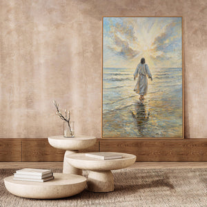 Handgemalte religiöses Bild „Weg zum Licht“ – Spirituelle Wandkunst mit Jesus am Meer