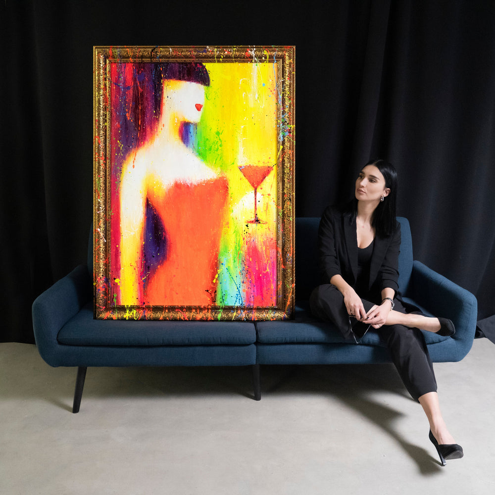 Abstrakte Gemälde Leinwand mit Rahmen Bild abstrakt bunt "Die Frau mit dem Glas"