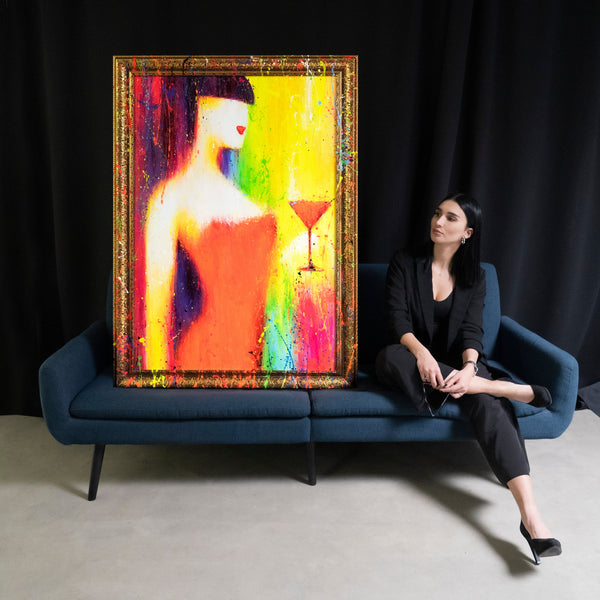 Abstrakte Gemälde Leinwand mit Rahmen Bild abstrakt bunt "Die Frau mit dem Glas"
