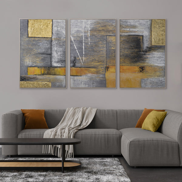 „Goldene Abstraktion“ – Modernes Triptychon mit plastischer Goldstruktur