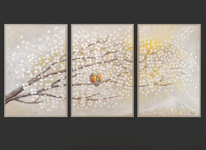 „Sonnenaufgang“ – Handgemaltes Triptychon mit Vögeln und Blüten