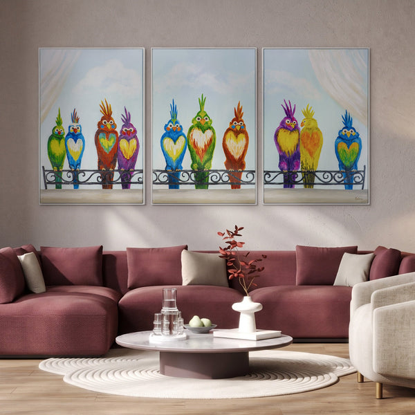 „Lustige Vögel“ – farbenfrohes Vogelbild als Triptychon
