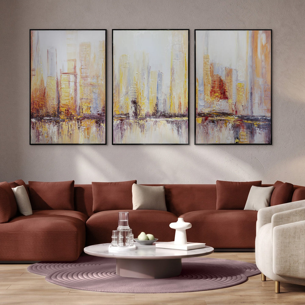 „Morgens in Megapolis“ – modernes Stadtbild als 3-teiliges Triptychon