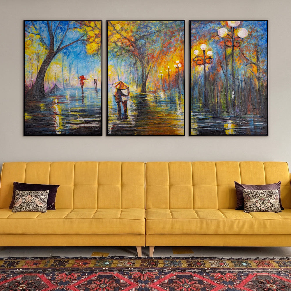 „Herbstliche Allee“ – handgemaltes Triptychon mit Stadtpark im Herbst