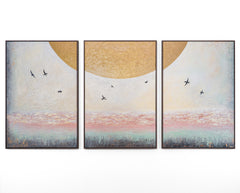 „Sonnenenergie“ – dreiteiliges Wandbild mit goldener Sonne und Vögeln