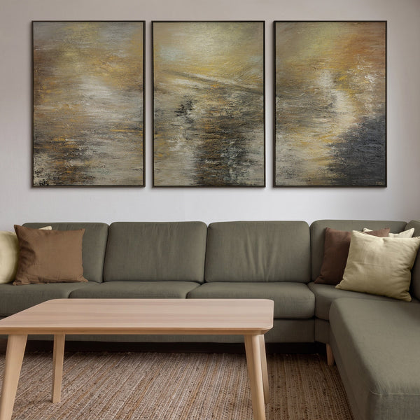 „Kraft der Elemente“ – abstraktes Triptychon in Gold, Grau und Beige