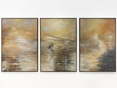 „Kraft der Elemente“ – abstraktes Triptychon in Gold, Grau und Beige