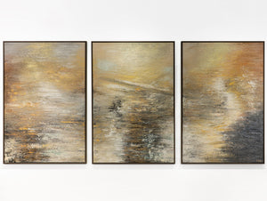 „Kraft der Elemente“ – abstraktes Triptychon in Gold, Grau und Beige