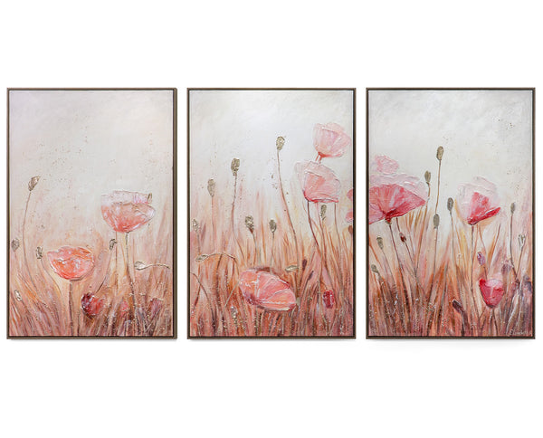 Blumen-Triptychon „April“ — handgemalt in Rosa und Beige, mit Rahmen