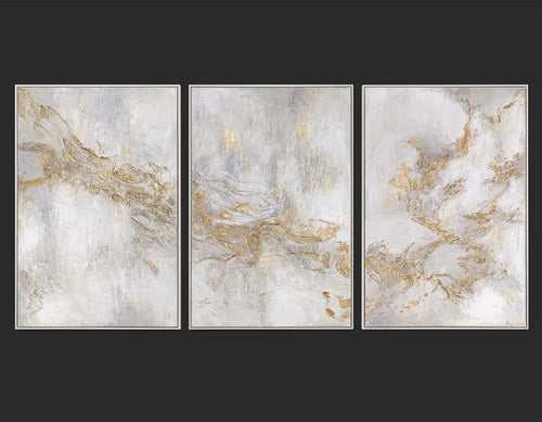 „Geschichte“ – abstraktes Triptychon in Beige und Gold