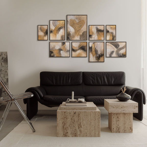 Handgemalte Bilderwand Set mit Herz in Gold, Beige und Schwarz