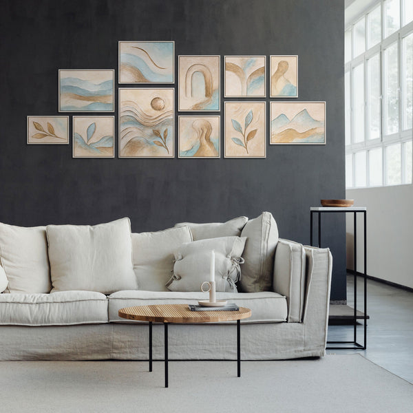 Handgemalte Bilderwand Set in Blau, Beige und Gold