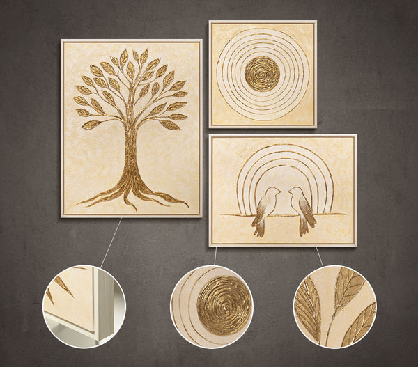 Handgemaltes Naturbild mit Blättern und Vogel für Arztpraxis „Flüstern des Laubs“