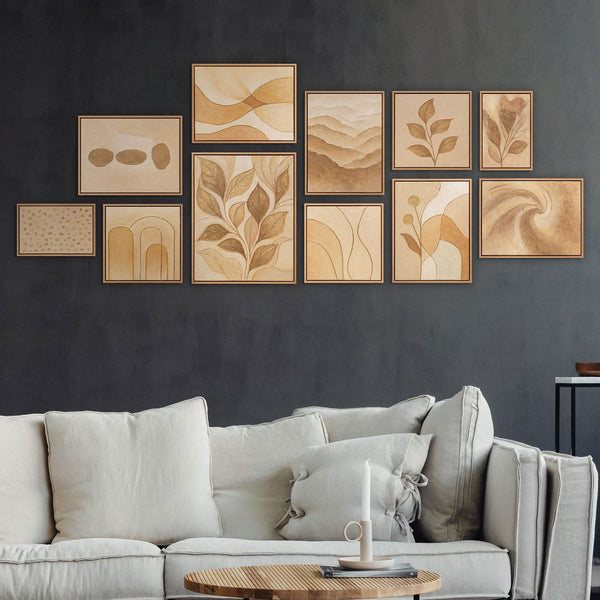 Wandbilder Blätter handgemalt Set Rascheln des Laubs Beige Gold