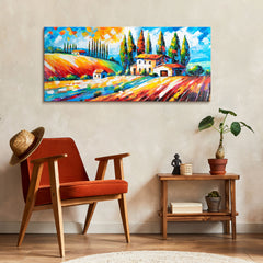 landschaftsbild wohnraum, farbenfrohe wandkunst interieur