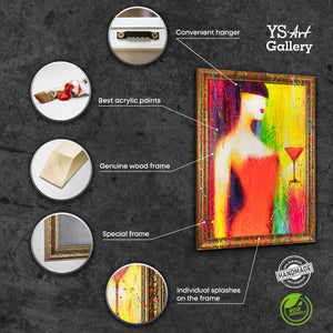 Abstrakte Gemälde Leinwand mit Rahmen Bild abstrakt bunt "Die Frau mit dem Glas"