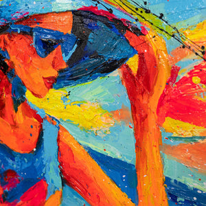 Detail eines bunten Acrylgemäldes mit Frauenmotiv
