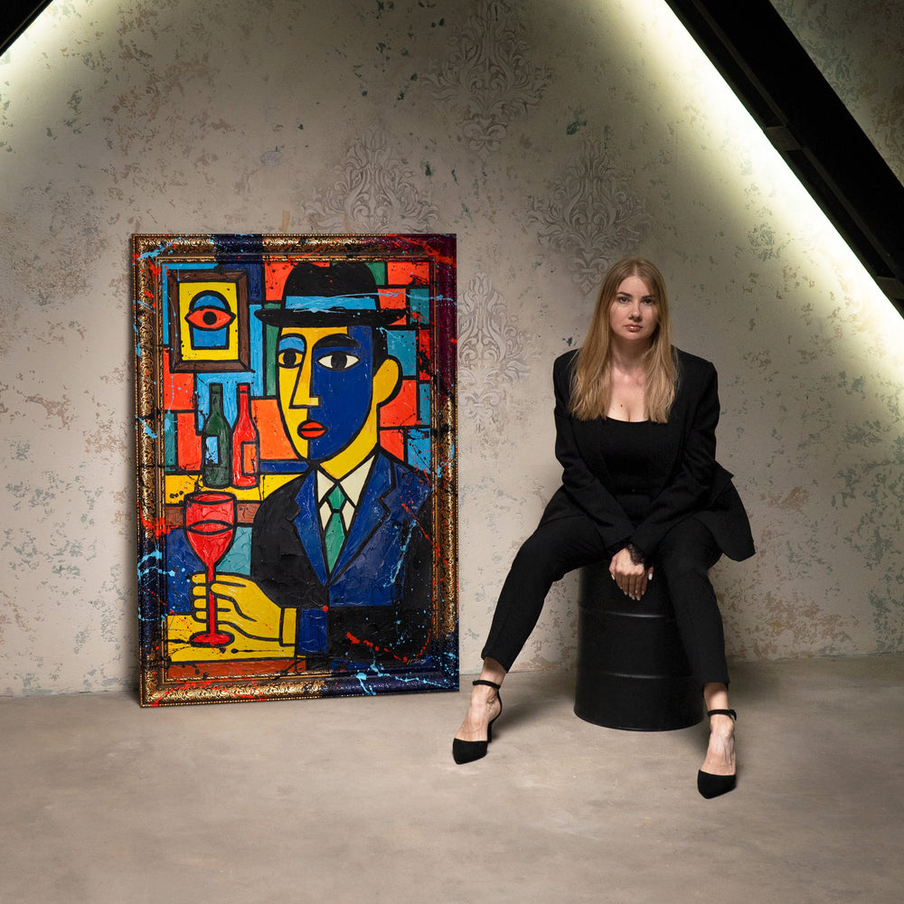 Wanddeko Wohnzimmer – Handgemalte Gemälde Pop-Art Portrait „Bar“