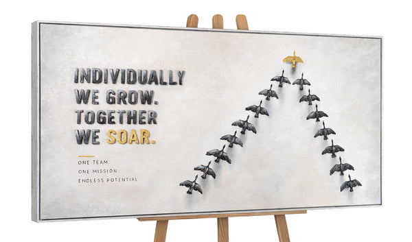 Together We Soar – handgemaltes Motivationsbild fürs Büro mit 3D-Relief, 140 × 70 cm
