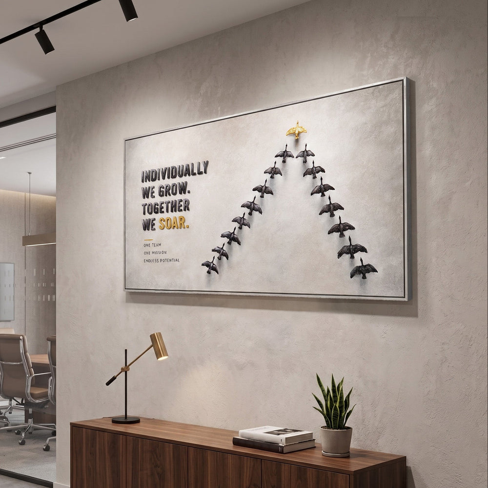 Bilder fürs Büro – Modernes Wandbild XXL mit Vogelschwarm im Chefbüro