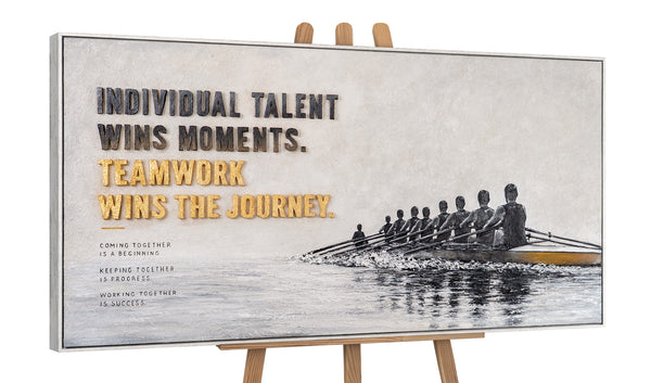 Teamwork Wins – handgemaltes Wandbild fürs Büro mit 3D-Relief, 140 × 70 cm