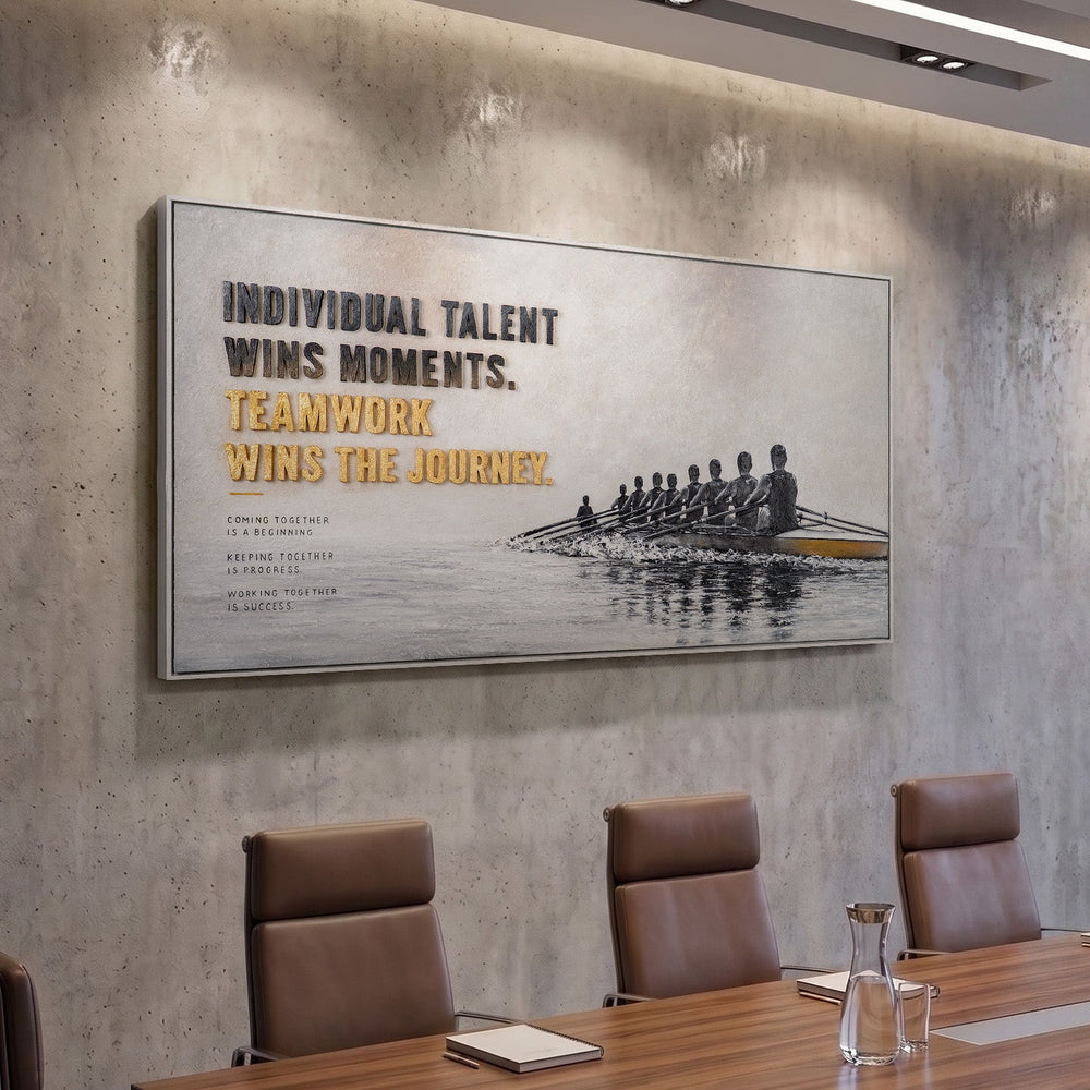 Motivationsbild Büro – Modernes Panorama Leinwandbild mit Ruderteam im Konferenzraum