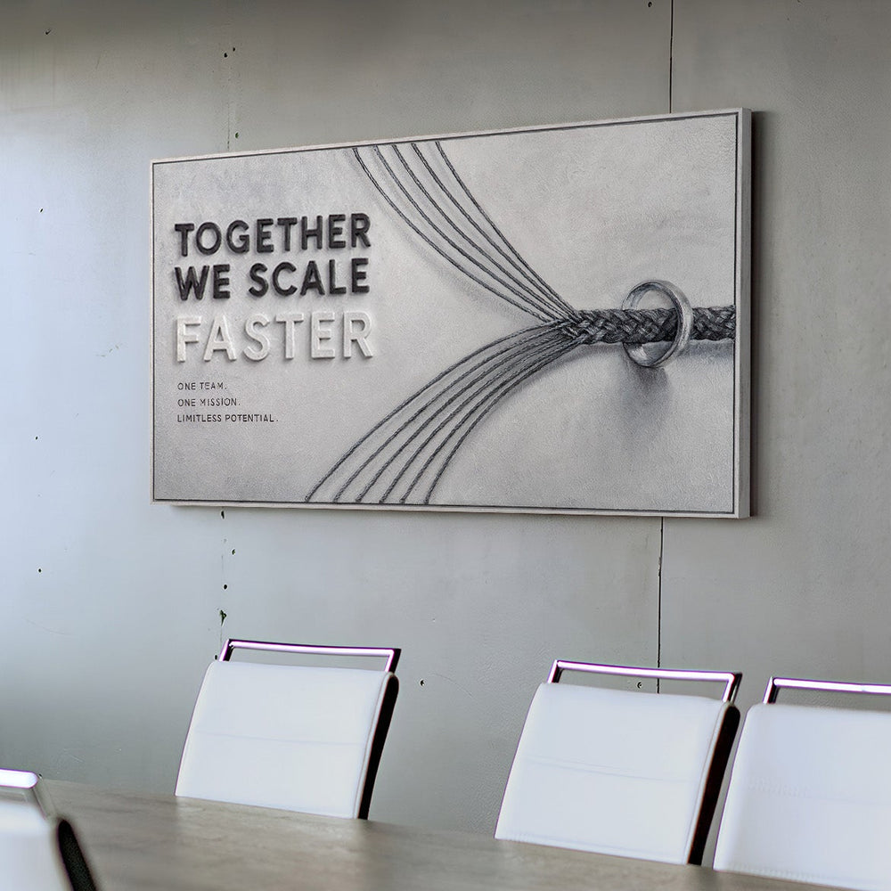 Motivationsbild Büro Teamwork – Modernes Panorama Leinwandbild Together We Scale Faster im Konferenzraum
