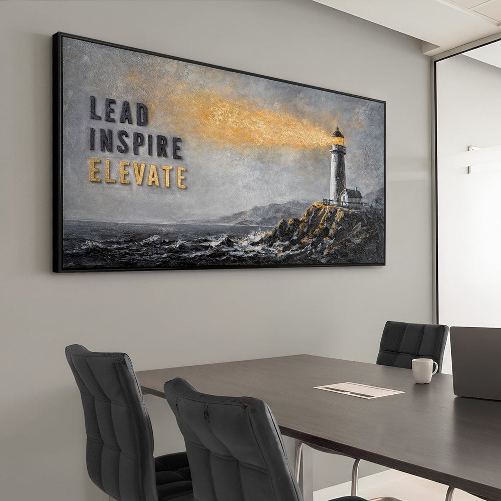 Motivationsbild Büro Leuchtturm – Modernes Panorama Leinwandbild mit Spruch Lead Inspire Elevate im Konferenzraum