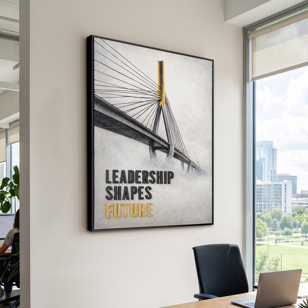 Motivationsbild Büro – Modernes Leinwandbild mit Brücke und Spruch Leadership Shapes Future im Office