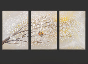 „Sonnenaufgang“ – Handgemaltes Triptychon mit Vögeln und Blüten