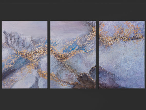 „Renaissance-Zeit“ – abstraktes Triptychon in Blau, Grau und Gold