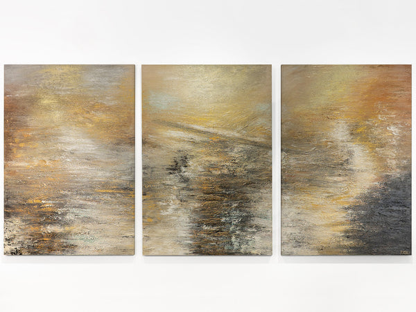 „Kraft der Elemente“ – abstraktes Triptychon in Gold, Grau und Beige