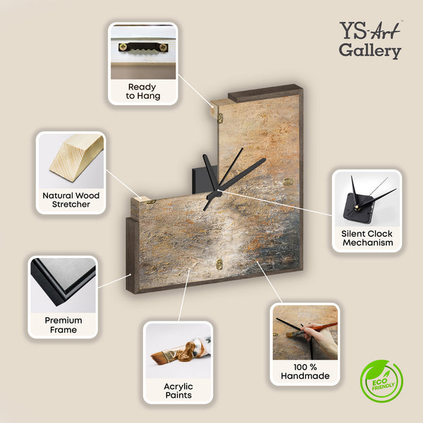 Ausgefallene Wanduhr lautlos – Handgemalte Stein-Abstraktion Beige, Sand & Gold, quadratisch