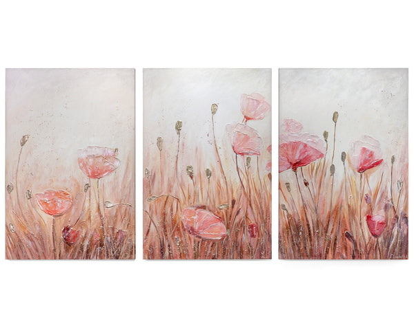„April“ – handgemaltes Blumen-Triptychon in Rosa und Beige