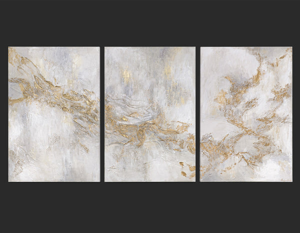 „Geschichte“ – abstraktes Triptychon in Beige und Gold