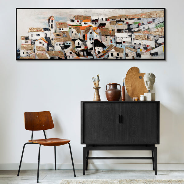 Abstraktes Stadtlandschaft Leinwandbild Beige Schwarz Gold