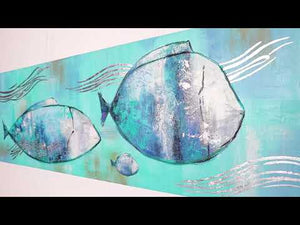 Handgemaltes Leinwandbild „Reisende Fische“ mit maritimer Farbpalette